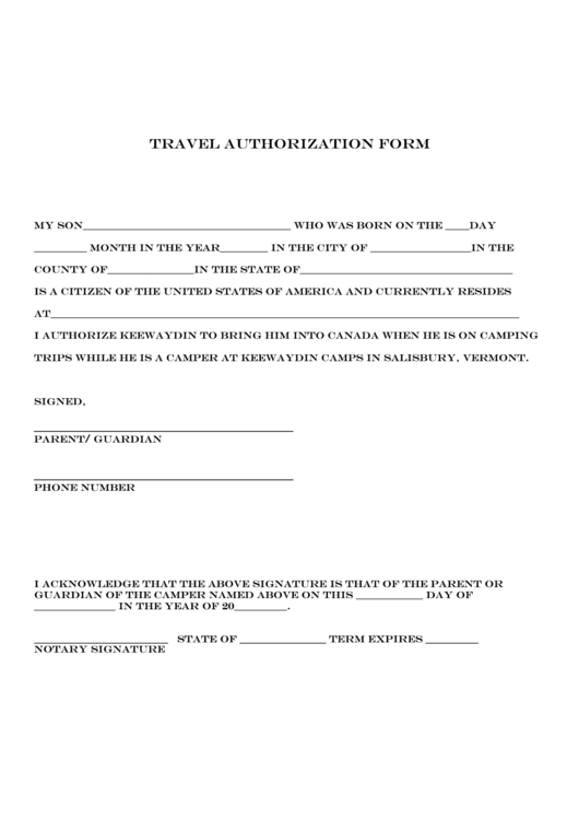 Travel Authorization Form printable pdf download