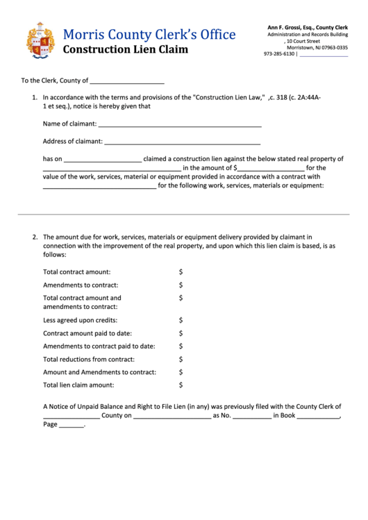 Fillable Construction Lien Claim printable pdf download