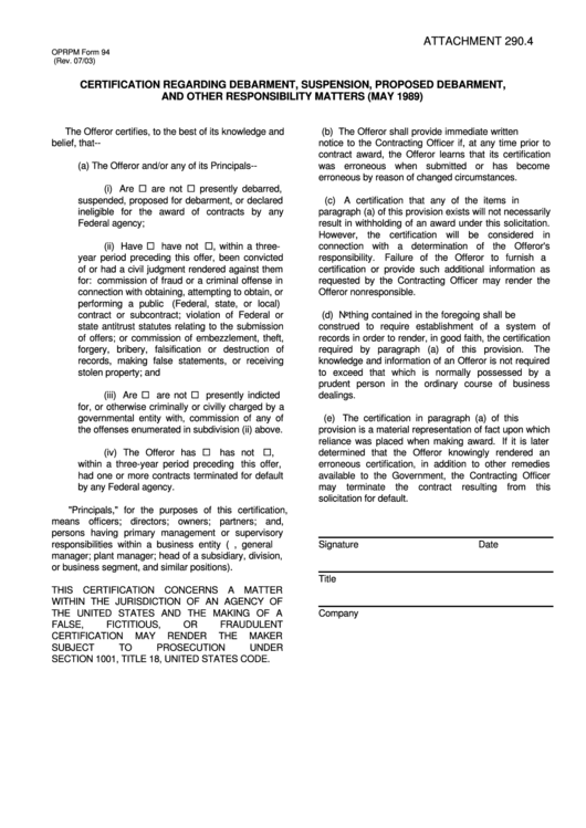 Oprpm Form 94 Certification Regarding Debarment, Suspension, Proposed