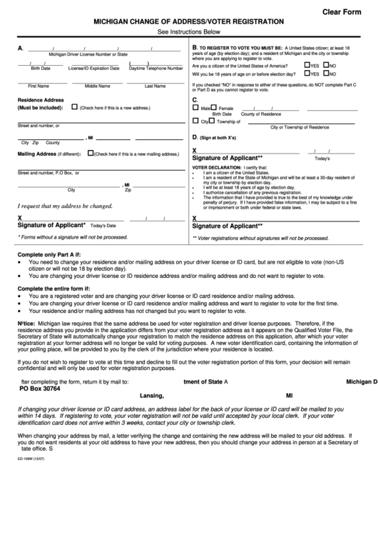 Fillable Ed109w Michigan Change Of Address/voter Registration