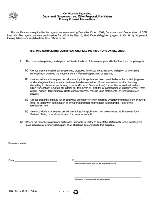 Fillable Sba Form 1623 Certification Regarding Debarment, Suspension