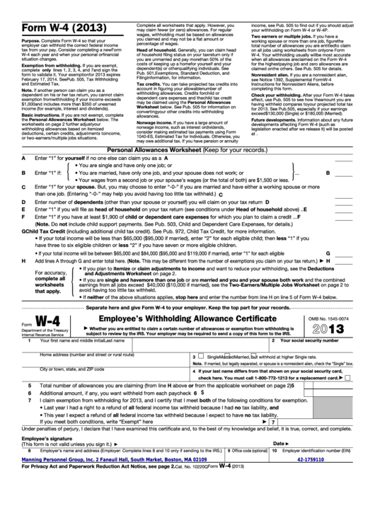 Fillable Form W4 Employee'S Withholding Allowance