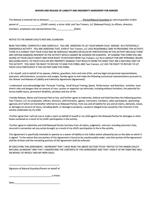 Waiver And Release Of Liability And Indemnity Agreement For Minors