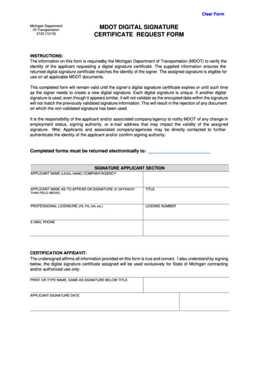 Fillable Mdot Digital Signature Certificate Request Form printable pdf