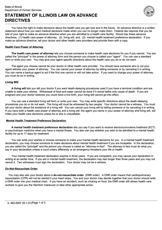 Fillable Statement Of Illinois Law On Advance Directives printable pdf