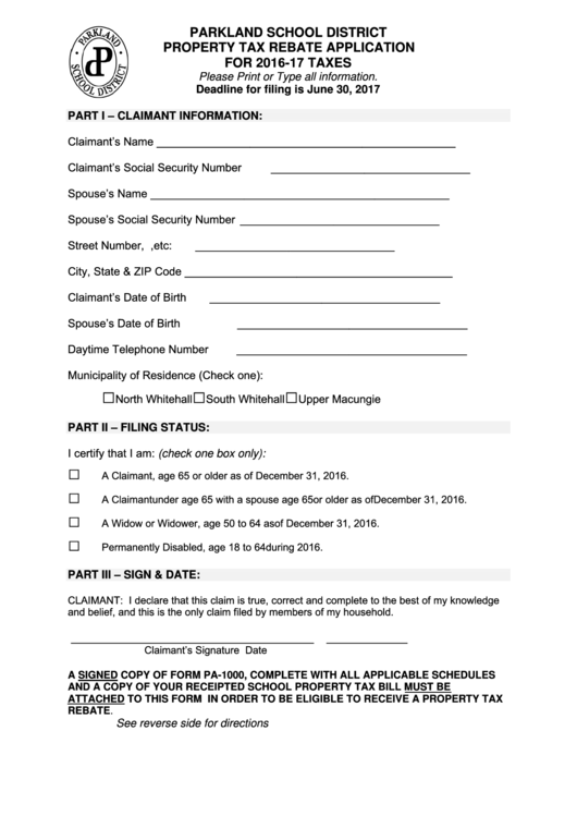 Parkland School District Property Tax Rebate Application printable pdf