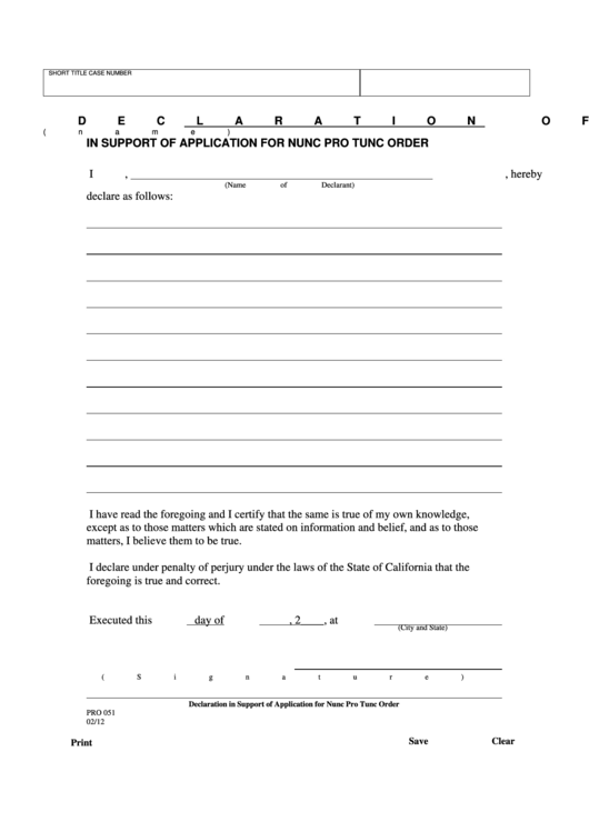 Declaration In Support Of Application For Nunc Pro Tunc Order printable