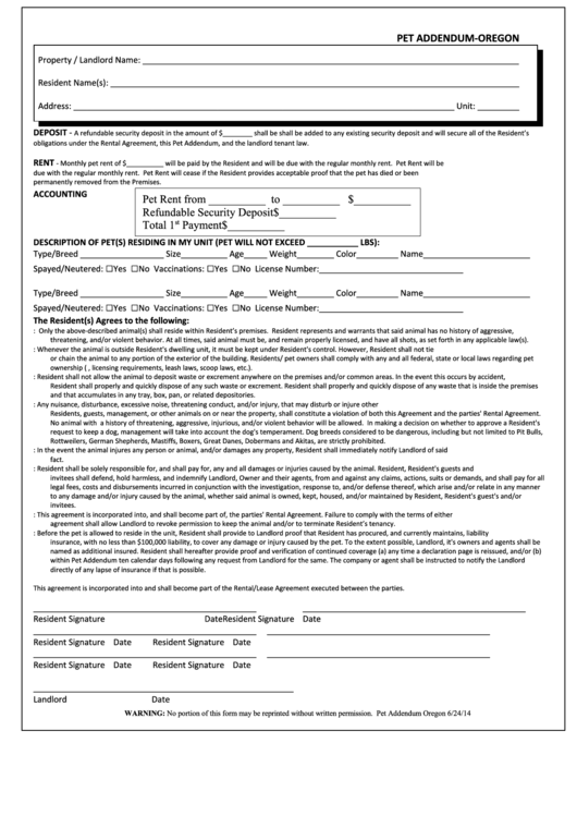 Pet Addendum Oregon printable pdf download