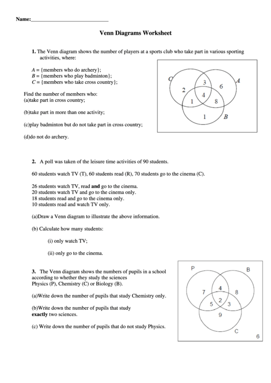 Venn Diagrams Worksheet printable pdf download