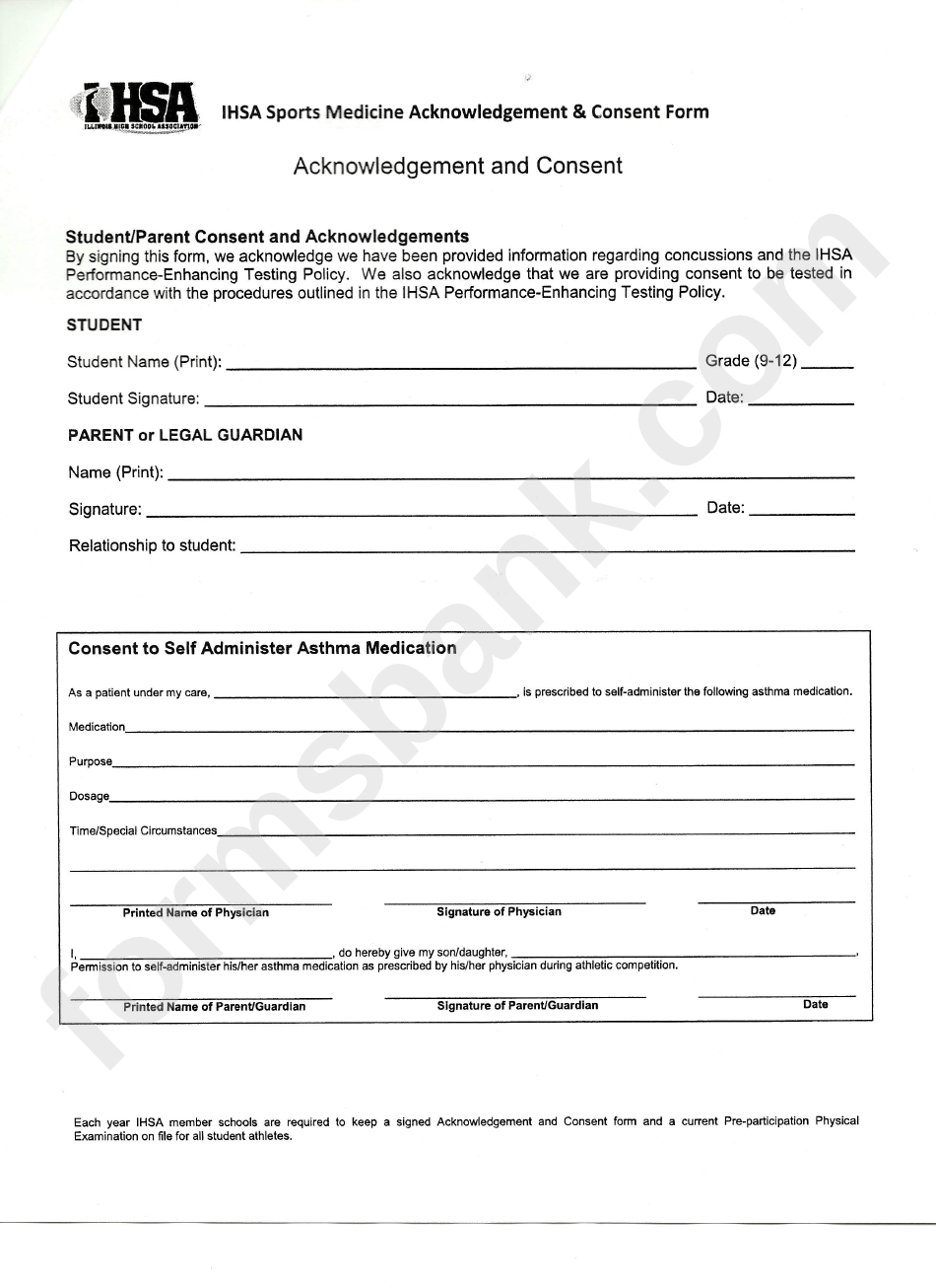 Ihsa Sports Medicine Acknowledgement & Consent Form printable pdf download
