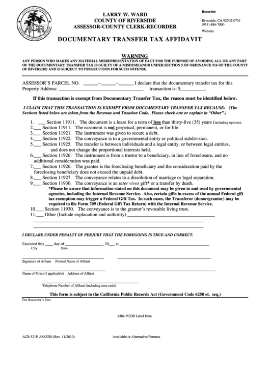 Fillable Documentary Transfer Tax Affidavit printable pdf download