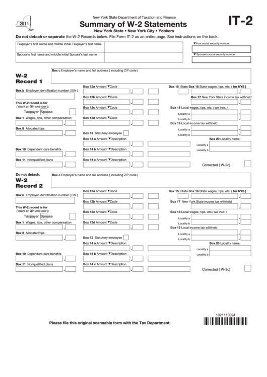 Fillable It-2 - Summary Of W-2 Statements (2011) printable pdf download