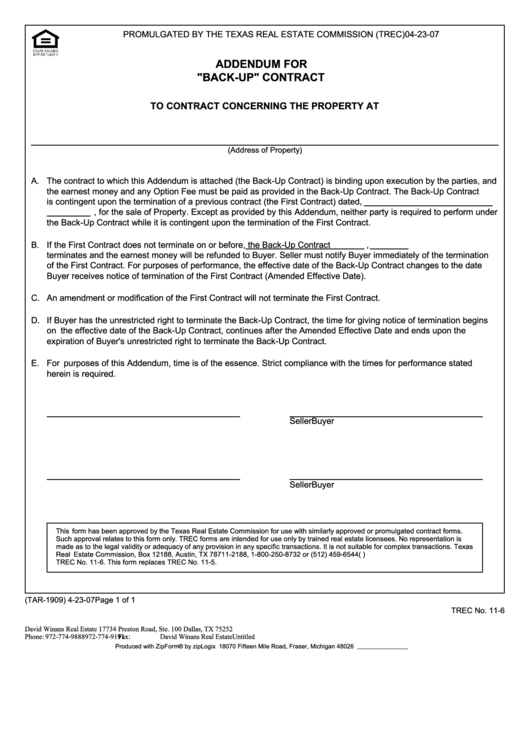Addendum For "BackUp" Contract printable pdf download