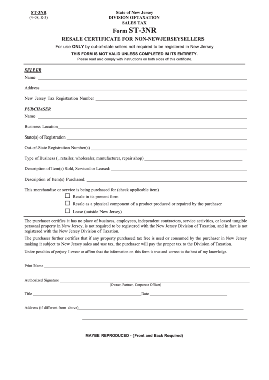 Fillable Form St3nr (408, R3) Resale Certificate For