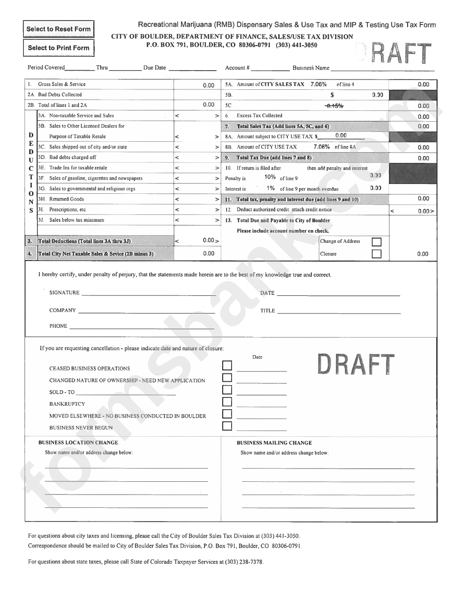 Recreational Marijuana (Rmb) Dispensary Sales & Use Tax Mip & Testing Use Tax Form City Of