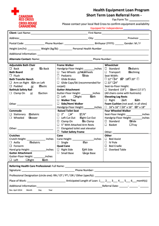 Health Equipment Loan Program Short Term Loan Referral Form printable