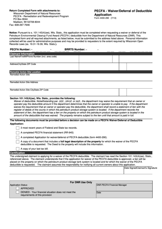 Form 4400290, Pecfa Waiver/deferral Of Deductible Application