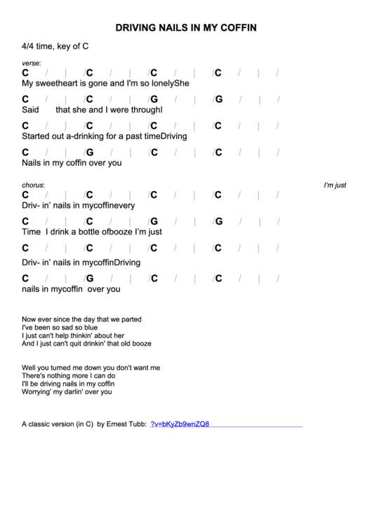 Driving Nails In My Coffin Chord Chart 4/4 Time, Key Of C printable