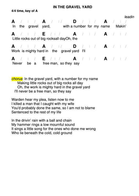 In The Gravel Yard Chord Chart 4/4 Time, Key Of A printable pdf download