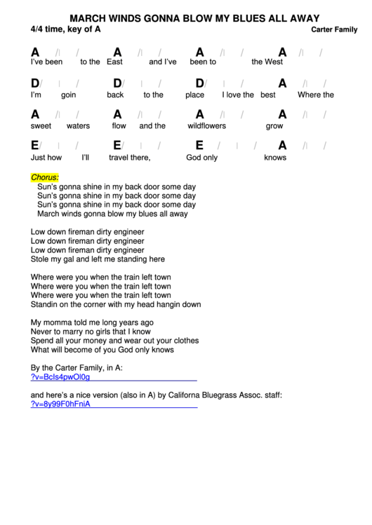 Carter Family March Winds Gonna Blow My Blues All Away Chord Chart