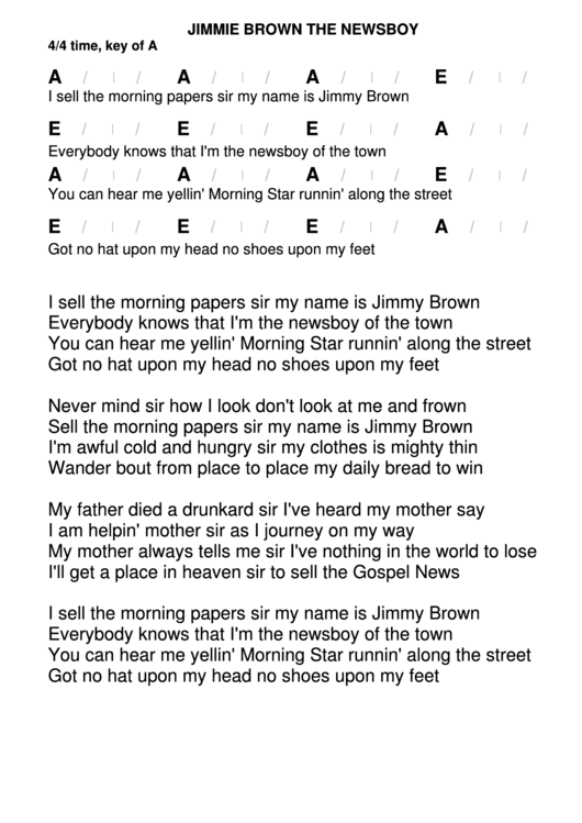 Jimmie Brown The Newsboy Chord Chart 4/4 Time, Key Of A printable pdf