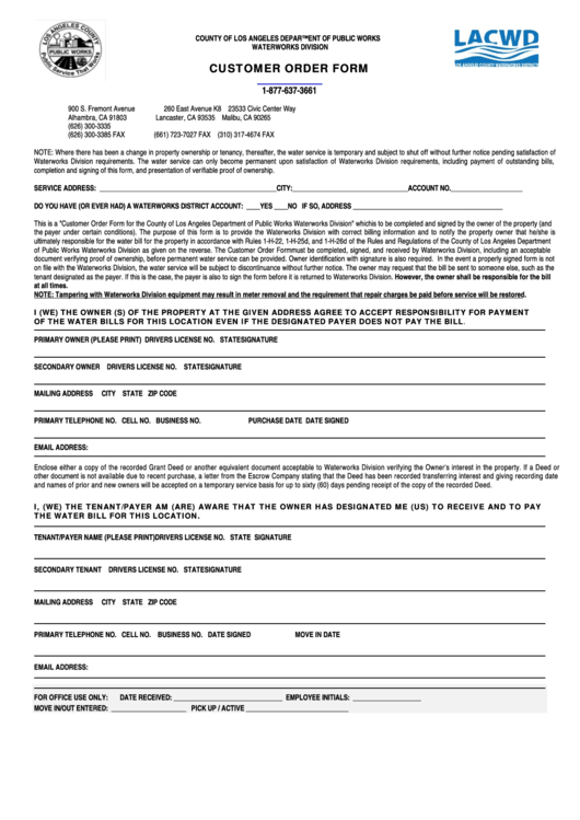 Fillable Customer Order Form County Of Los Angeles Department Of Public Works, Waterworks
