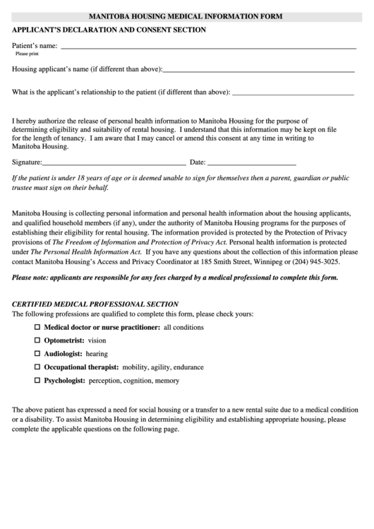 Manitoba Housing Medical Information Form printable pdf download