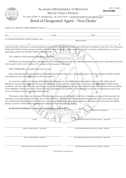 Fillable Bond Of Designated Agent NonDealer printable
