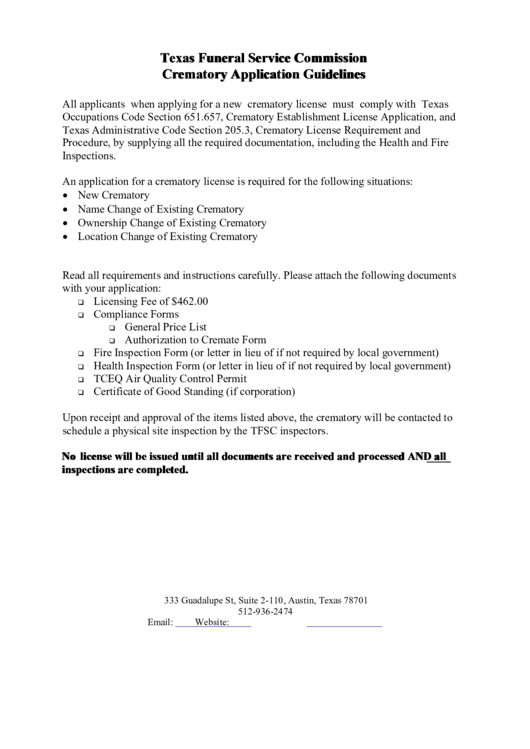 Texas Funeral Service Commission Crematory Application Form printable