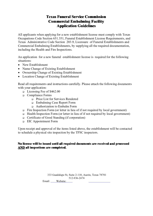 Texas Funeral Service Commission Commercial Embalming Facility