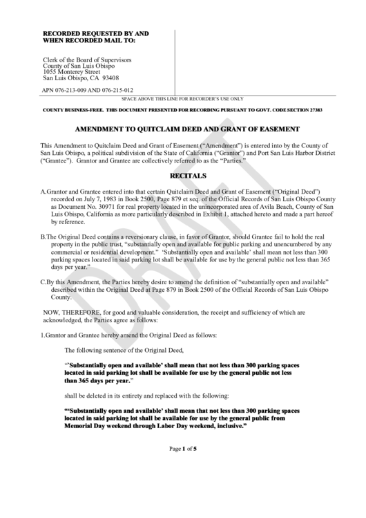 Amendment To Quitclaim Deed And Grant Of Easement printable pdf download