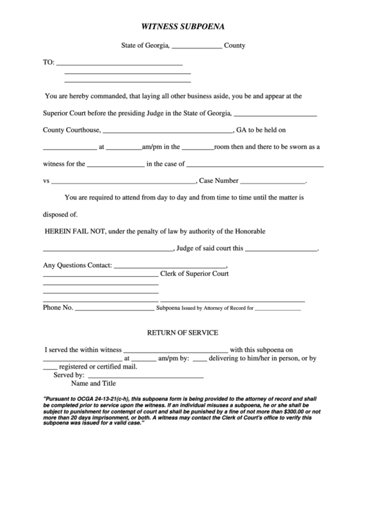 Witness Subpoena printable pdf download