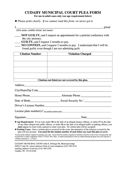Cudahy Municipal Court Plea Form printable pdf download