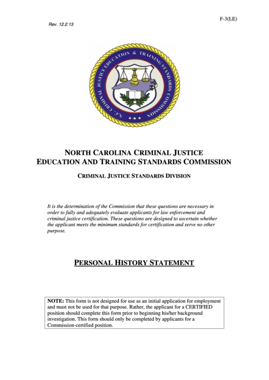 Fillable Personal History Statement Template North Carolina Criminal