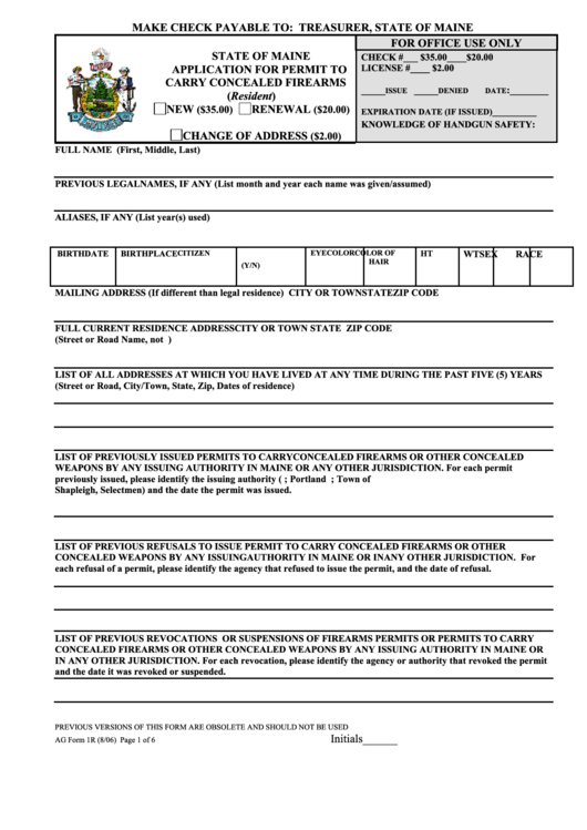Ag Form 1r State Of Maine Application For Permit To Carry Concealed