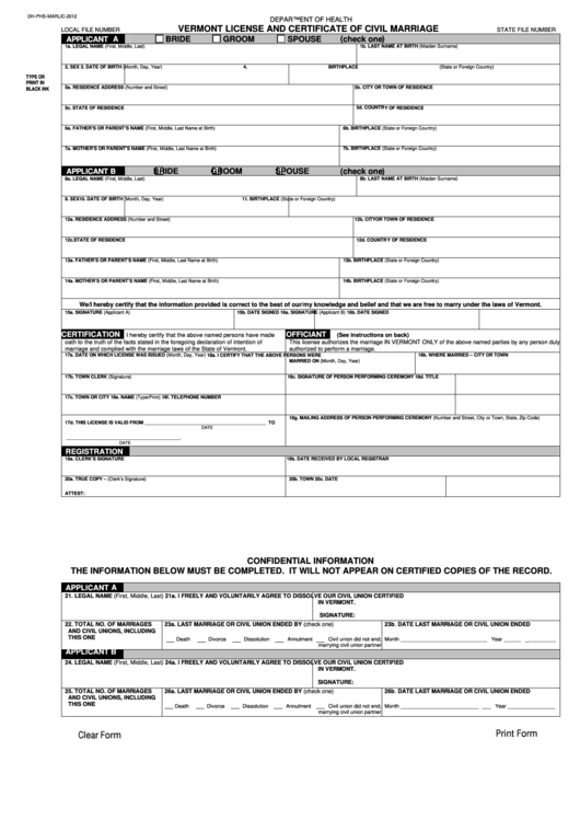 Fillable Form DhPhsMarlic2012 Vermont License And Certificate Of