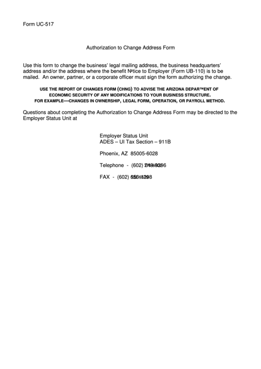 Fillable Form Uc517 Authorization To Change Address Form Arizona