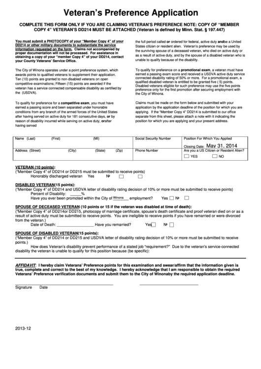 Fillable Veterans Preference Application Form City Of Winona
