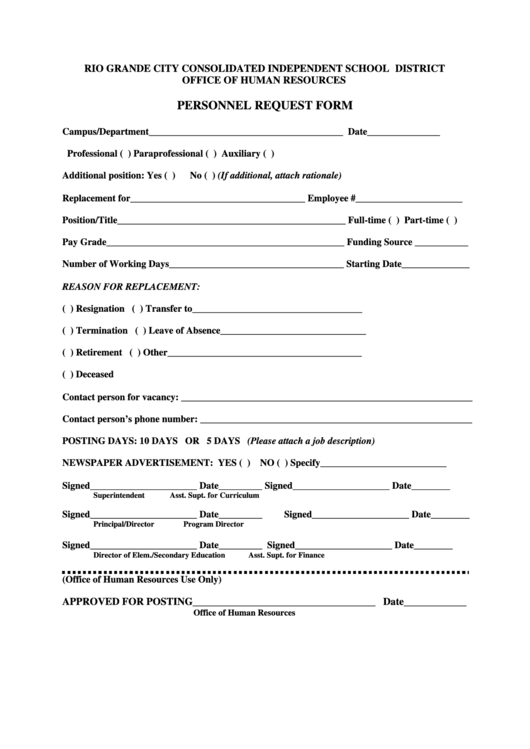 Personnel Request Form printable pdf download