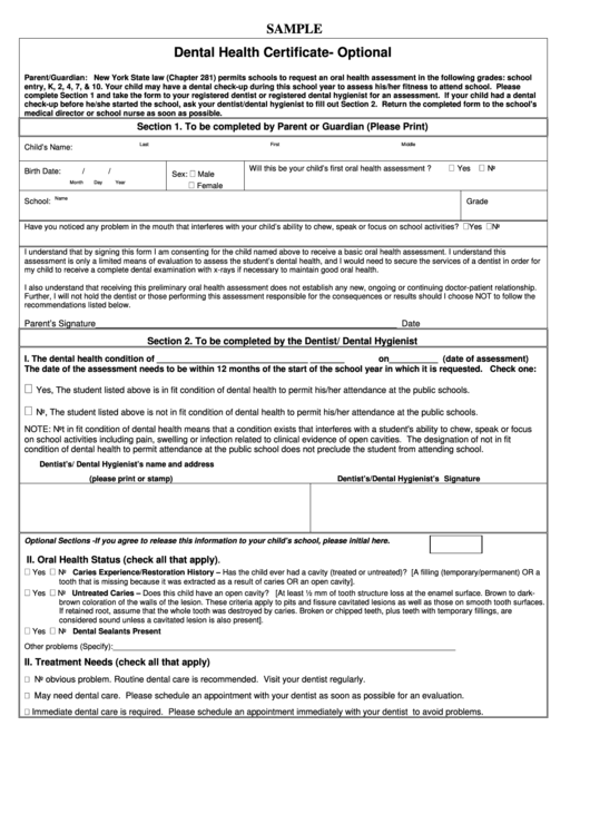 Sample Dental Health Certificate Form printable pdf download