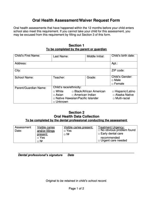Oral Health Assessment/waiver Request Form printable pdf download
