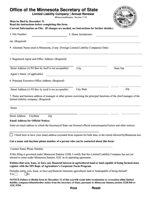 Limited Liability Company Annual Renewal Minnesota Secretary Of State