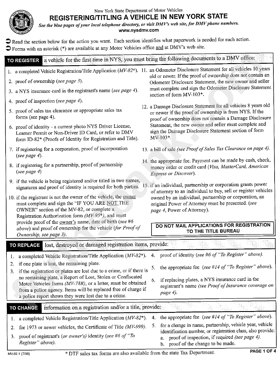 Form Mv82.1 Registering / Titling A Vehicle In New York State
