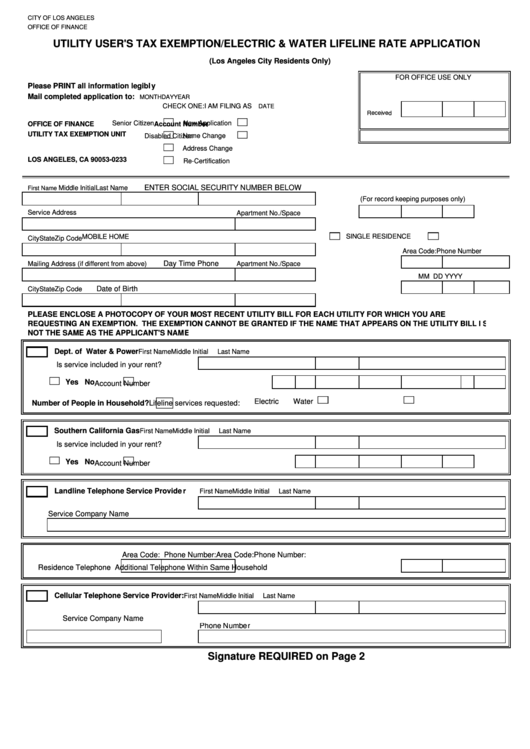 Utility User'S Tax Exemption/electric & Water Lifeline Rate Application