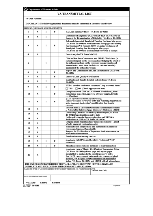 Va Form 260285 Va Transmittal List printable pdf download