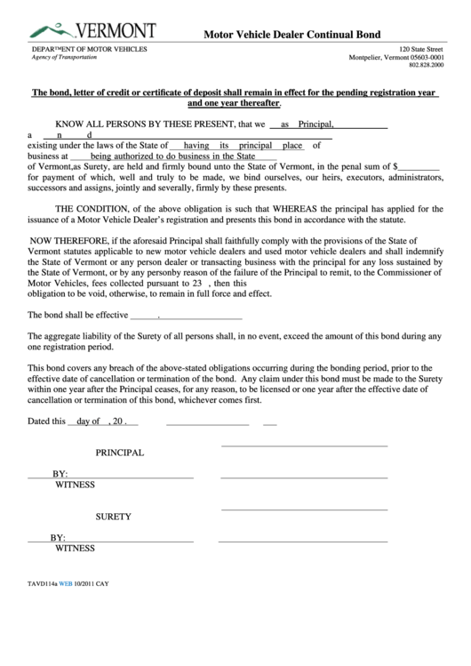 Fillable Motor Vehicle Dealer Continual Bond printable pdf download