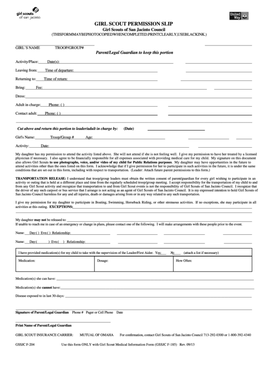 Fillable F204 Girl Scout Permission Slip Girl Scouts Of San Jacinto