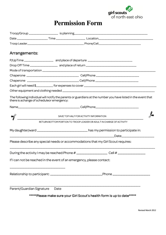 Fillable Permission Form Girl Scouts Of North East Ohio printable pdf