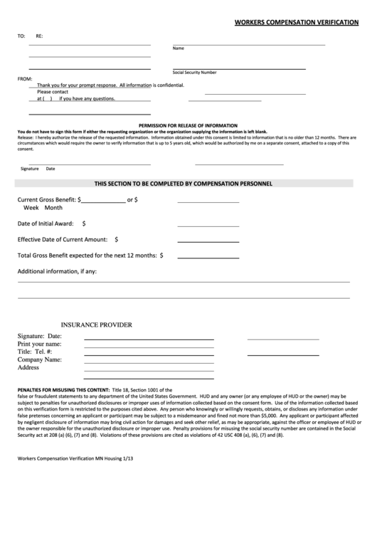 Workers Compensation Verification Form 2013 printable pdf download