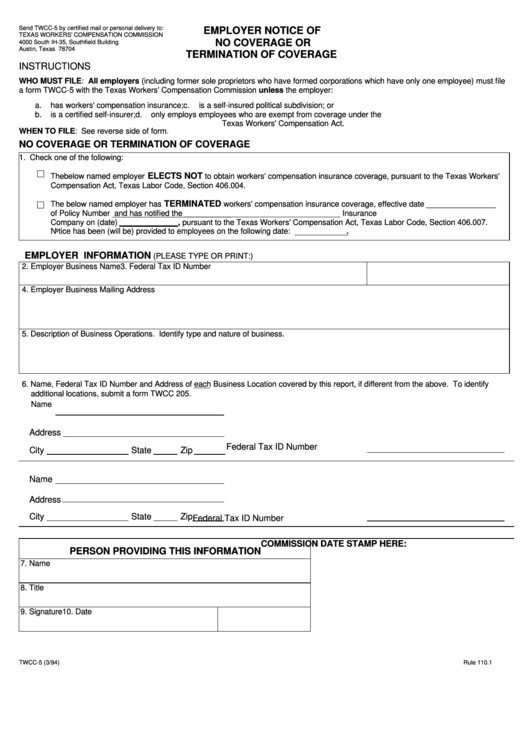 Twcc5, Employer Notice Of No Coverage Or Termination Of Coverage